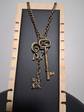 Antique Bronze Key Pendant Necklace with Rhinestone Accent